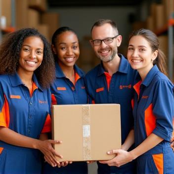 Team of Britannia Express staff smiling with delivery equipment